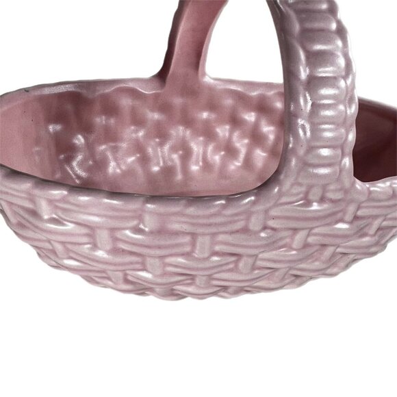 Vintage Royal Haeger USA Pink Pottery Woven Handled Basket Planter Serving Decor - Picture 5 of 7